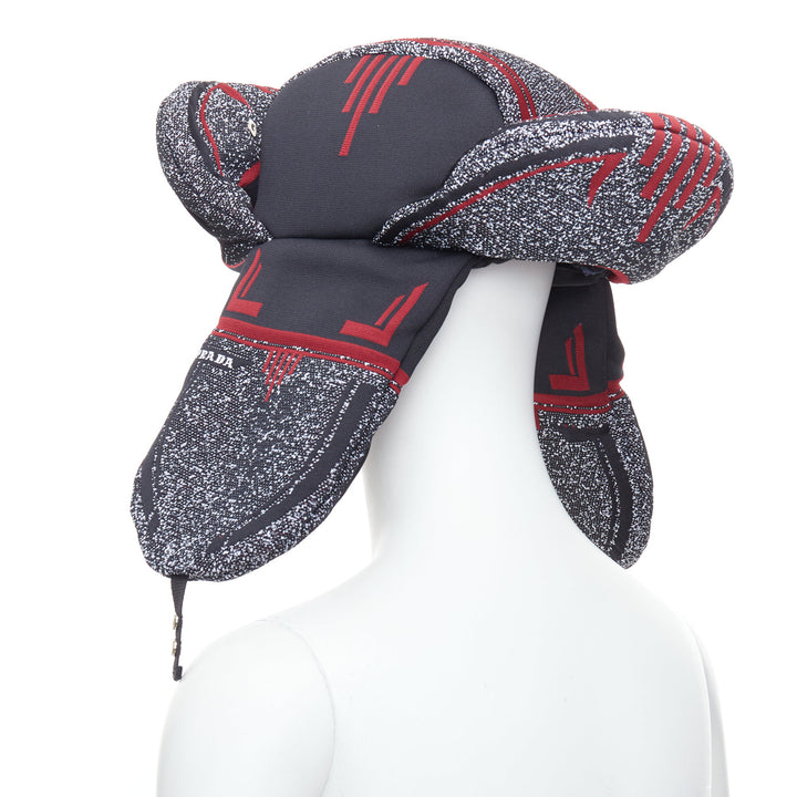rare PRADA 2019 Runway red grey logo jacquard padded trapper hat L