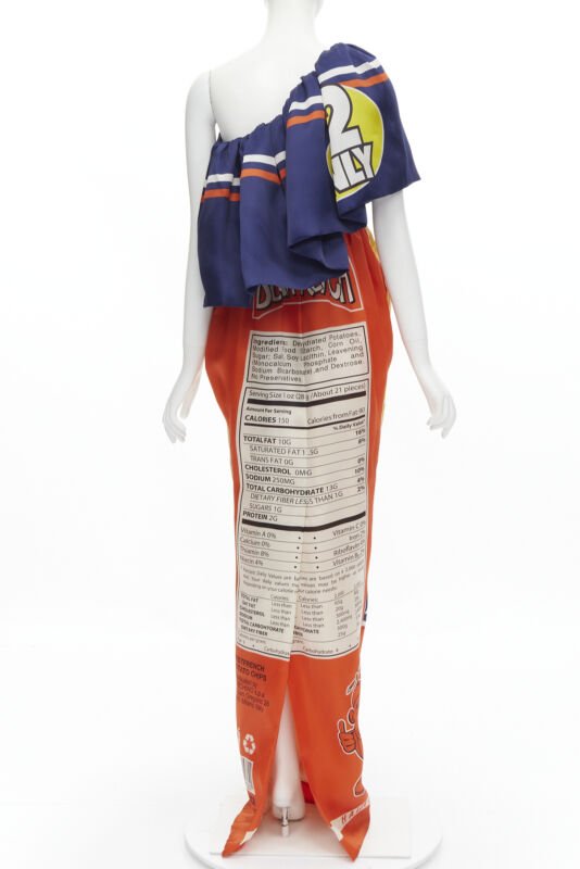 rare Runway MOSCHINO Couture! 2014 Junk Food Potato Chip one shoulder gown IT40