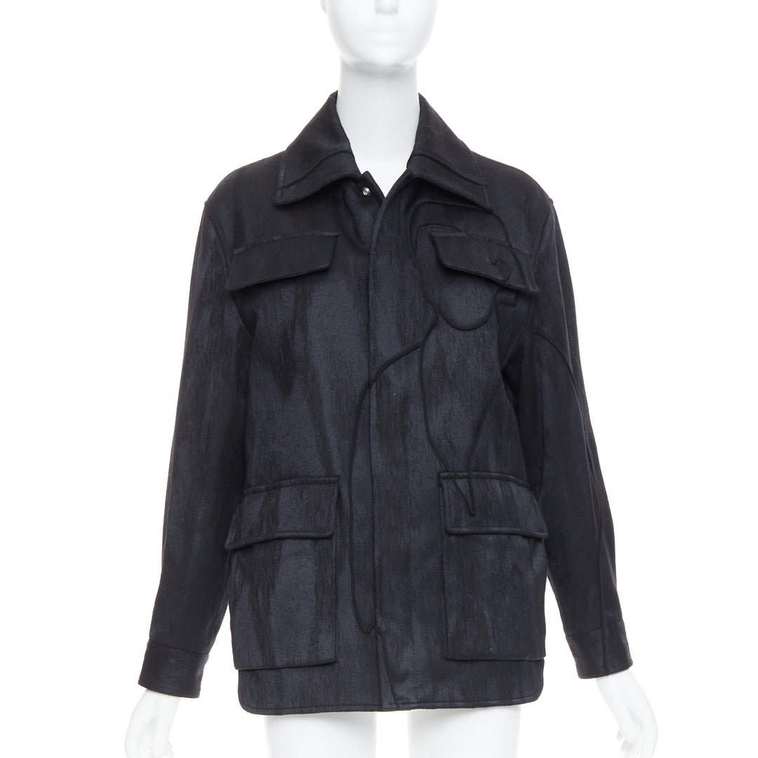 DIOR HOMME AMOAKO BOAFO black applique patchwork silhouette safari jacket FR44