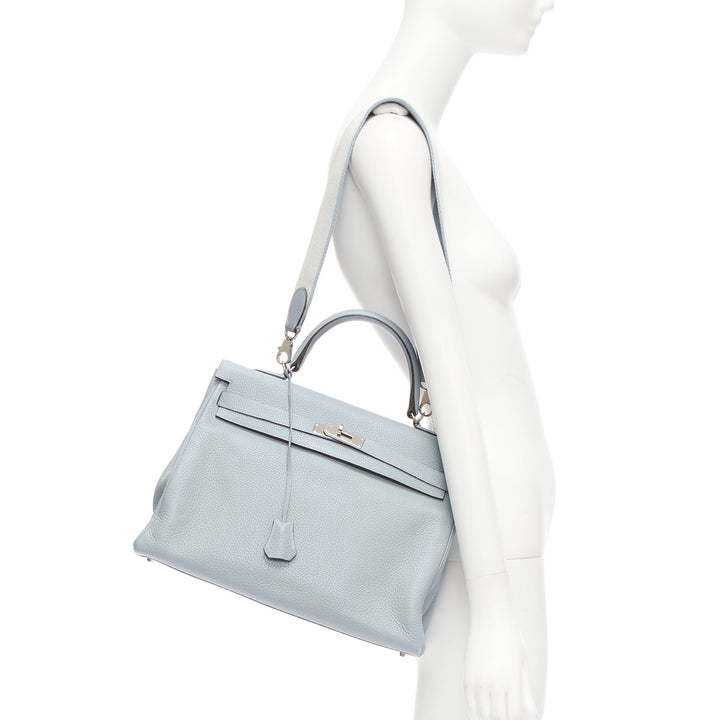 HERMES Kelly 35 Bleu Gacier Clemence sports canvas strap satchel bag