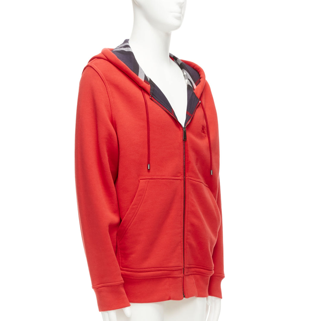 BURBERRY red cotton blend house check lined logo oversized hoodie XS