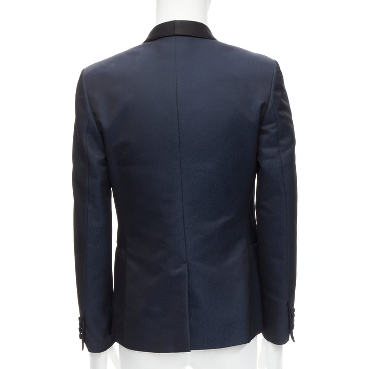 SAINT LAURENT navy metallic textured satin shawl tuxedo blazer EU50 L