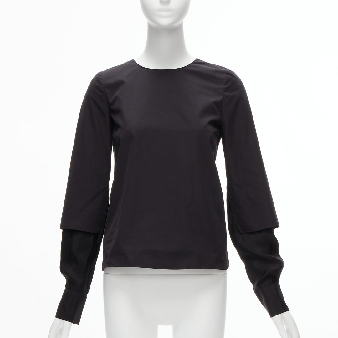 MARNI black cotton layered sleeves minimal crew neck blouse top FR36 S