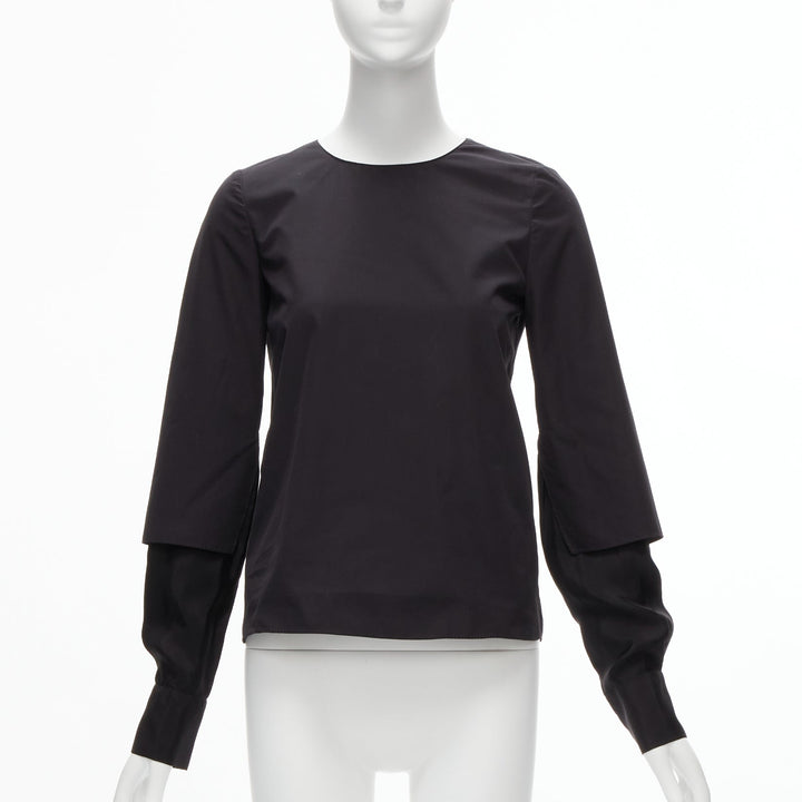 MARNI black cotton layered sleeves minimal crew neck blouse top FR36 S