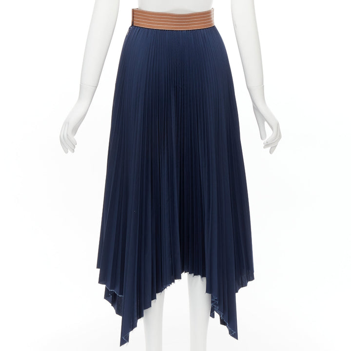 LOEWE brown cowhide leather white topstitched belt navy pleated skirt FR34 XS