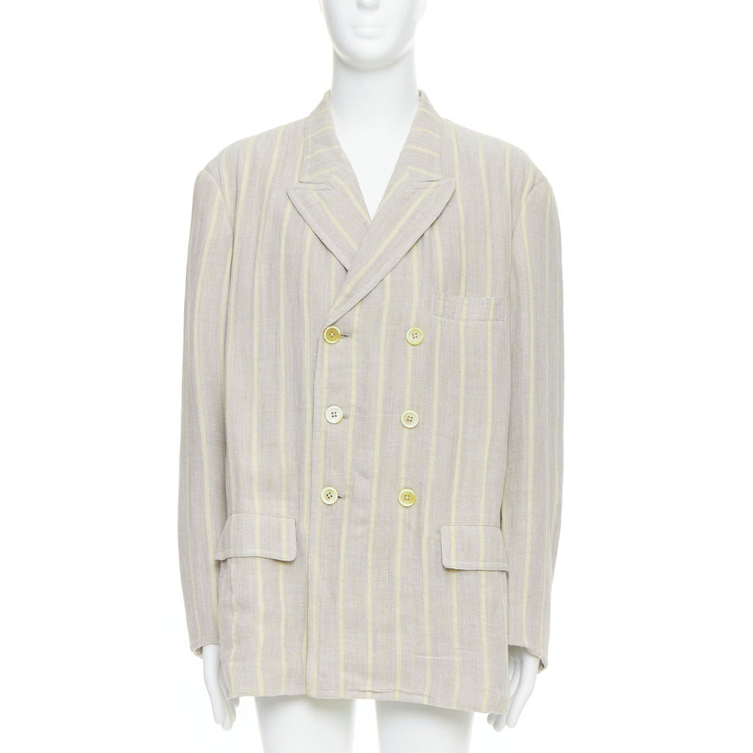 YOHJI YAMAMOTO stone grey cream striped  rayon linen double breasted blazer M