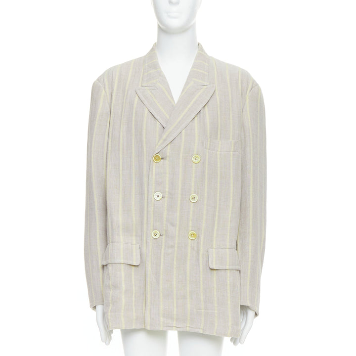 YOHJI YAMAMOTO stone grey cream striped  rayon linen double breasted blazer M