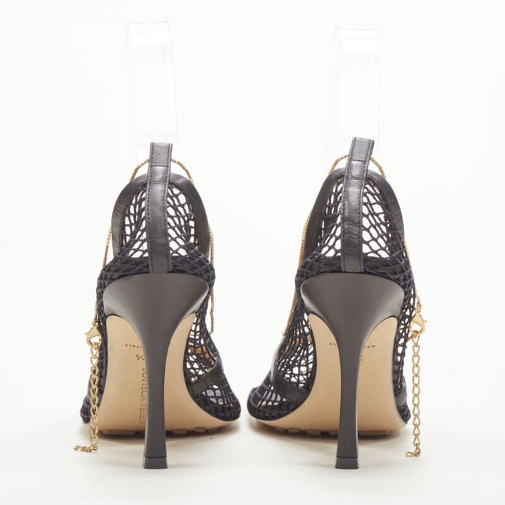 BOTTEGA VENETA DANIEL LEE black net mesh square toe gold chain heel  EU38.5