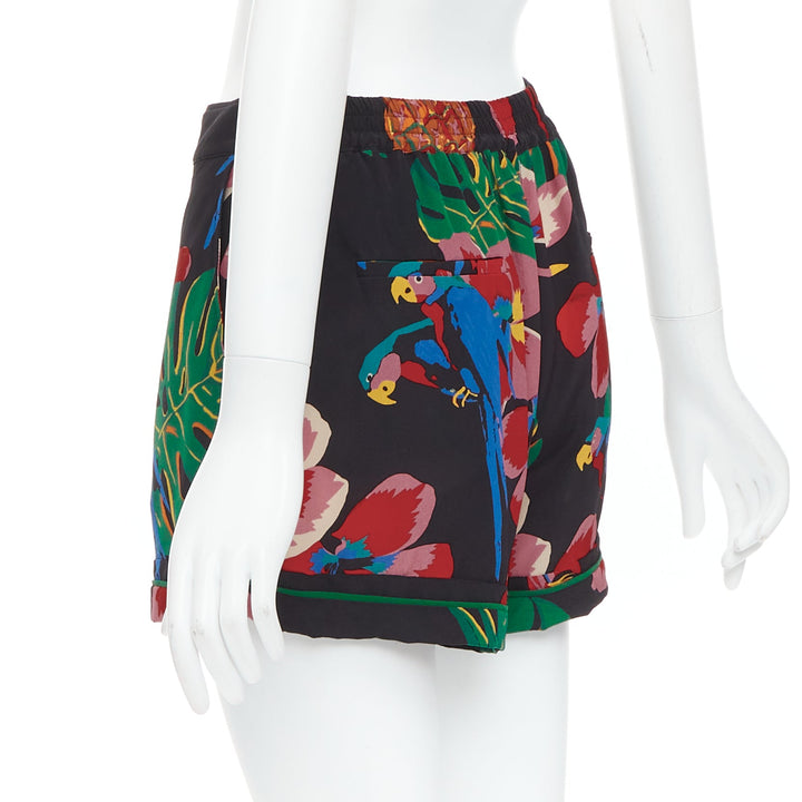 VALENTINO Hawaiian Couure 100% silk crepe parrot floral print high shorts S