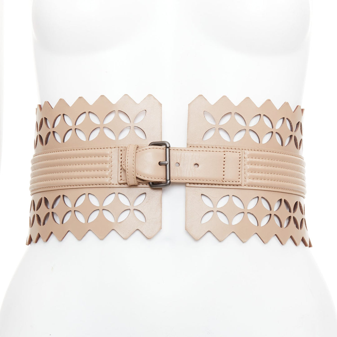 ALAIA  Vienne nude leather laser cut detail cinched corset wide belt 65cm