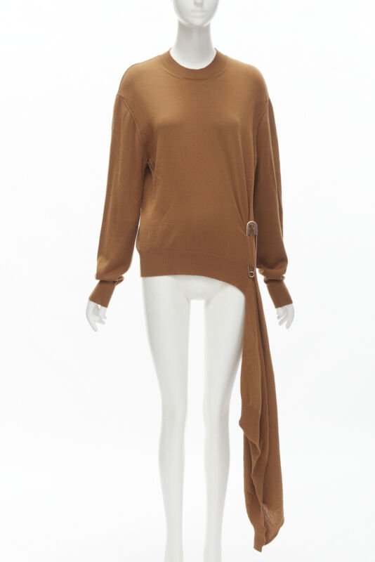 MONSE brown 100% wool XL safety pin draped hem sweater M
