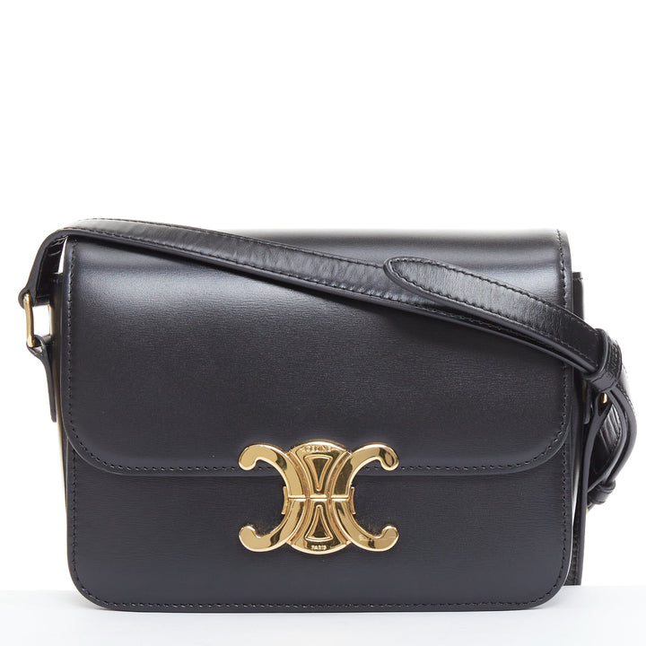 CELINE Teen Triomphe black shiny calfskin gold anagram logo crossbody bag
