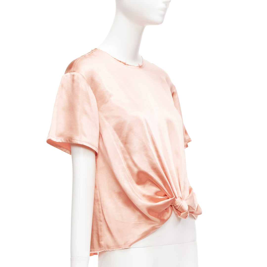 REGINA PYO pink silky satin front knot crew neck frayed edge collar top S