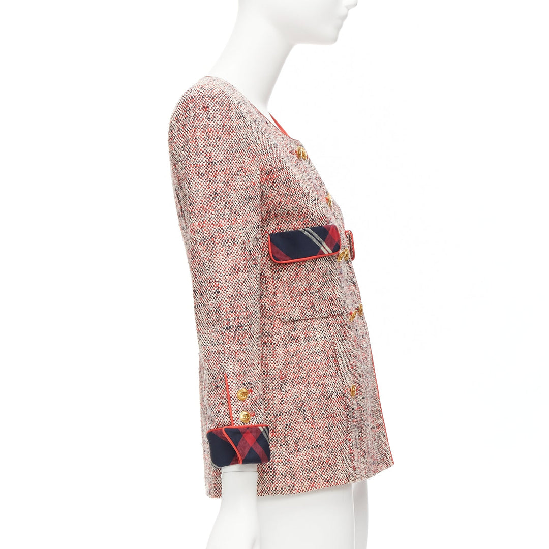 CHANEL Vintage red boucle tweed gold button double breast blazer jacket FR34 XS