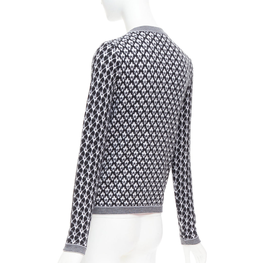 CHANEL black white cashmere velvet buttons crew cardigan FR38 M