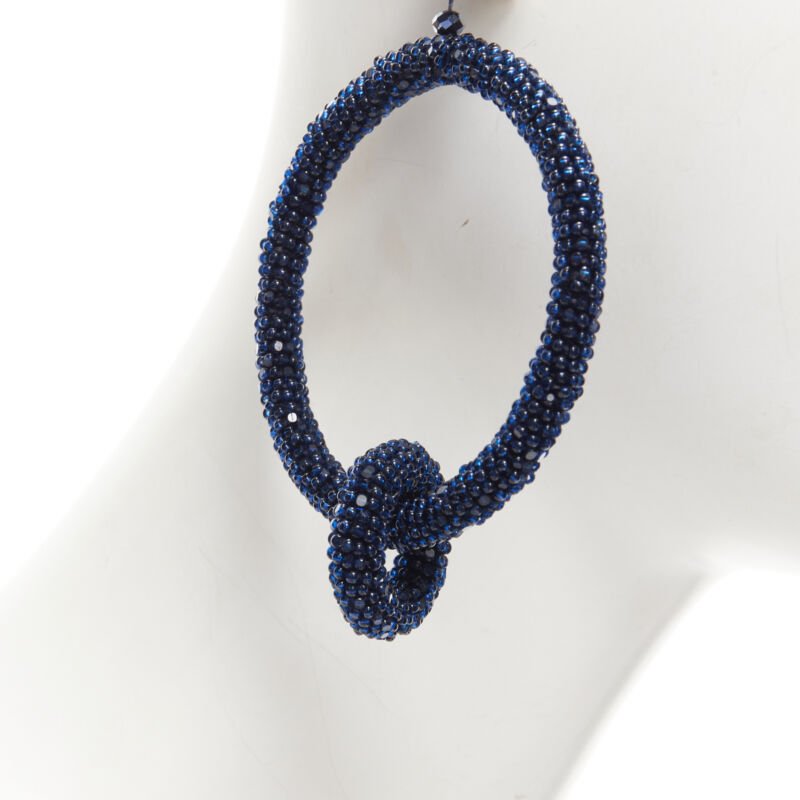 OSCAR DE LA RENTA black fully beaded double hoop drop clip on earrings