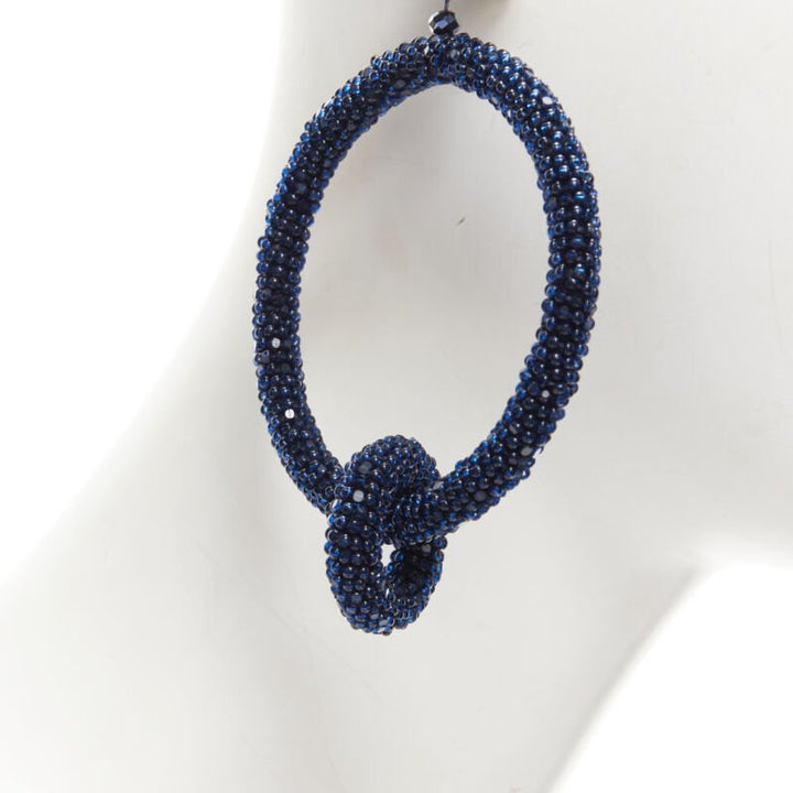 OSCAR DE LA RENTA black fully beaded double hoop drop clip on earrings