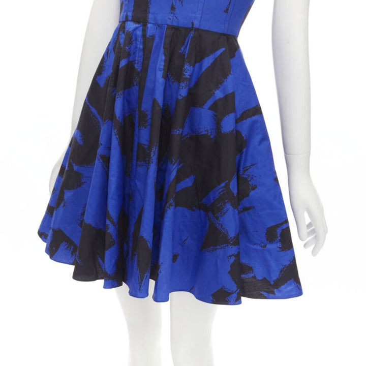 ALEXANDER MCQUEEN 2022 black blue abstract print fit flared scoop dress It38 S
