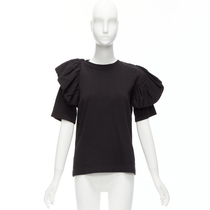 DRIES VAN NOTEN black cotton asymmetric ruffle half sleeve boxy top S