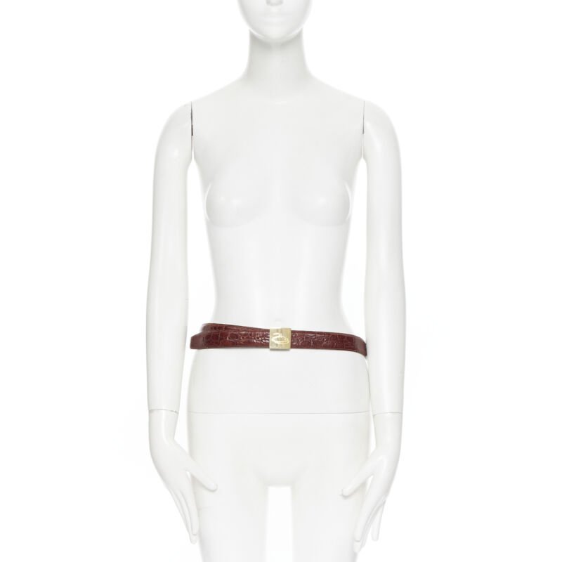 OSCAR DE LA RENTA brown stamped mock croc gold logo buckle belt 32"-36"