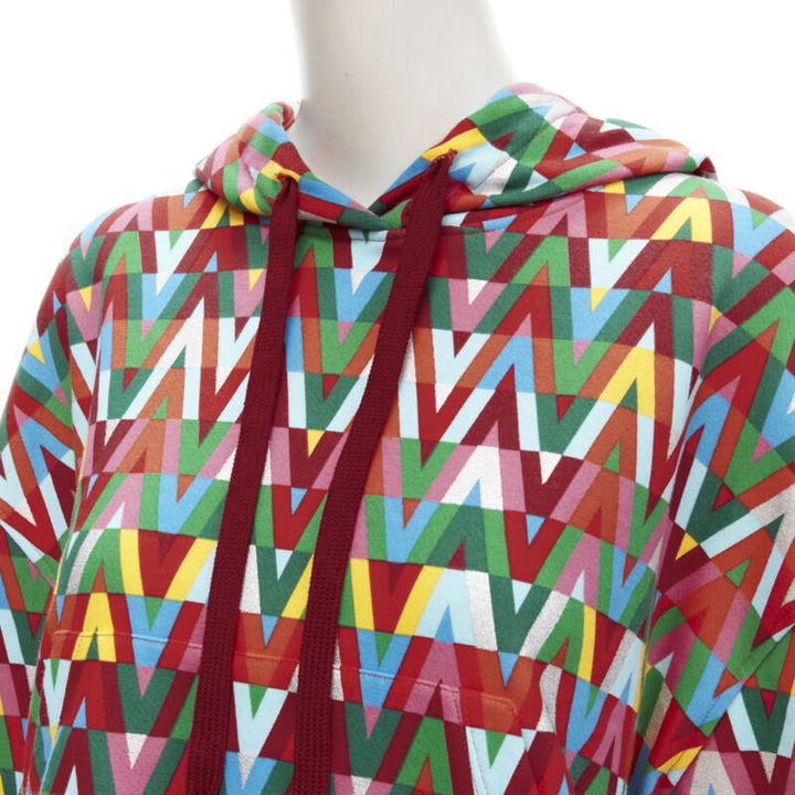 VALENTINO V Optical graphic logo silver foil oversized cropped cotton hoodie S