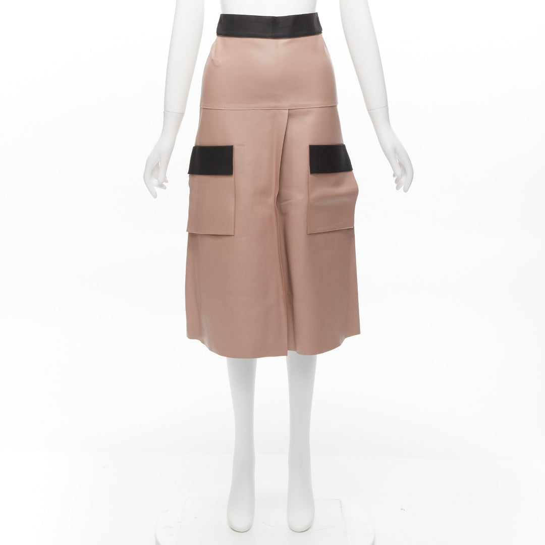 DION LEE Sandy pink brown sheep leather panelled A-line midi skirt UK6 XS