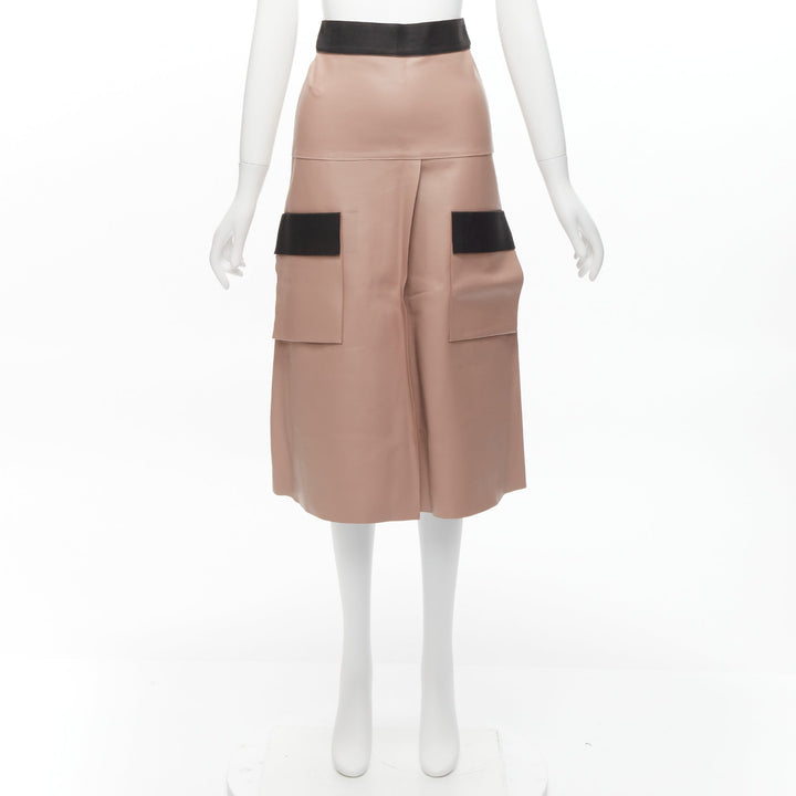 DION LEE Sandy pink brown sheep leather panelled A-line midi skirt UK6 XS