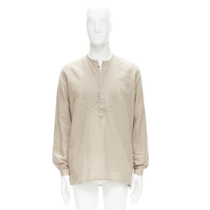 FENDI beige linen cotton raw frayed half button long sleeve shirt EU40 L