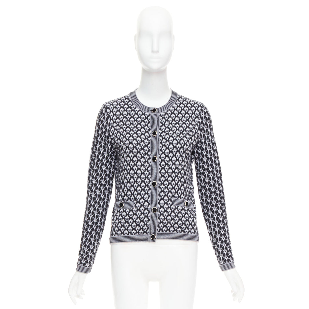CHANEL black white cashmere velvet buttons crew cardigan FR38 M