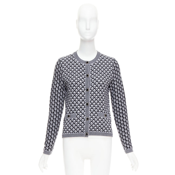 CHANEL black white cashmere velvet buttons crew cardigan FR38 M