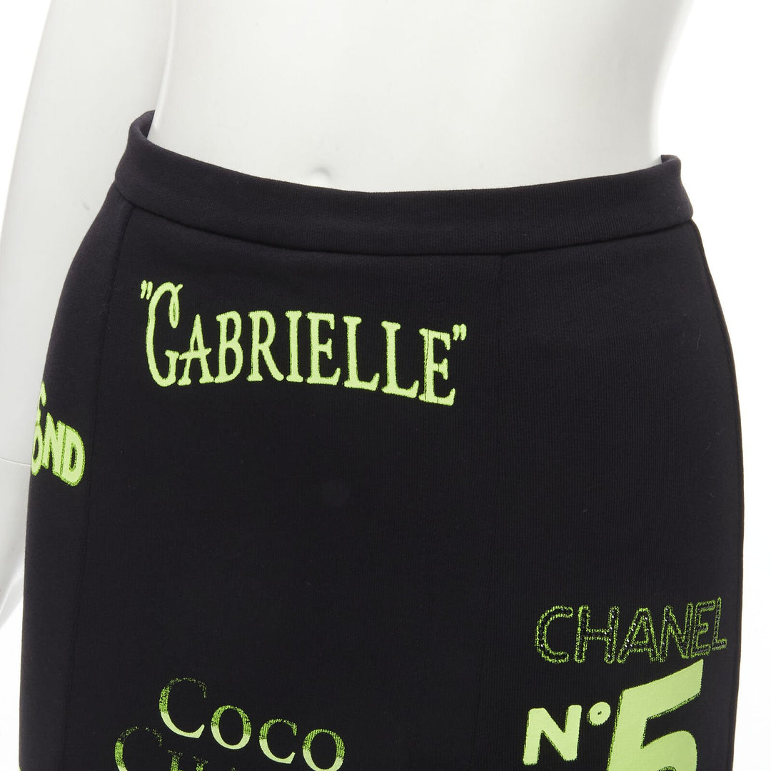 rare CHANEL 2021 Runway black neon graphic logo slit cotton fleece skirt FR34 XS
