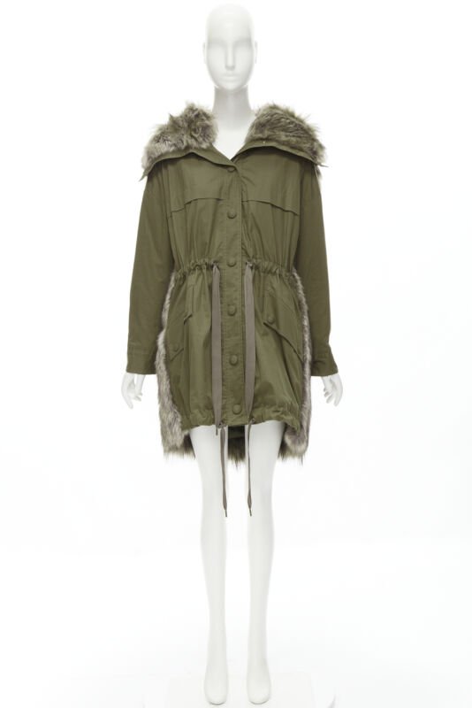 STELLA MCCARTNEY brown faux fur military green drawstring parka FR34 XS