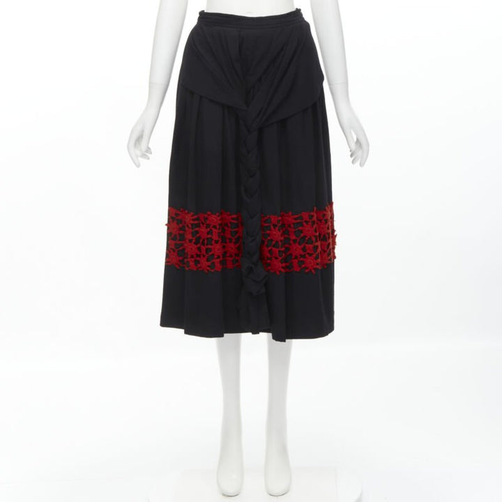 Runway COMME DES GARCONS Vintage 1988 black wool braid red embroidery skirt M