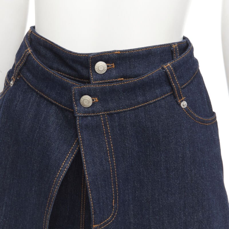 ALEXANDER MCQUEEN blue denim double waistband logo patch layered shorts 24"