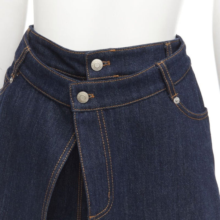 ALEXANDER MCQUEEN blue denim double waistband logo patch layered shorts 24"