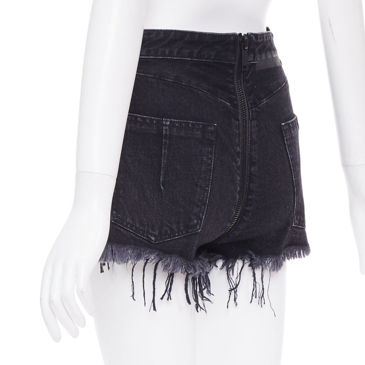 UNRAVEL PROJECT dark blue cotton zip around distressed mini shorts 25"