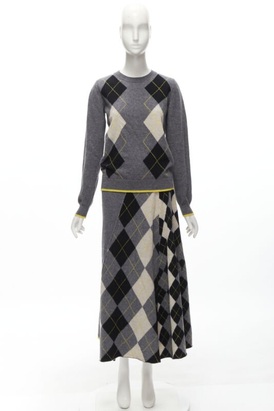 PRINGLE OF SCOTLAND wool grey argyle yellow sweater asymmetric midi skirt XS