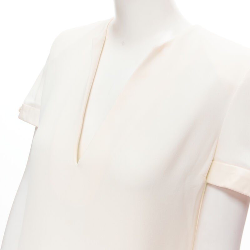 SAINT LAURENT 2013 Hedi Slimane ivory crepe leather trimmed V-neck dress FR36 S