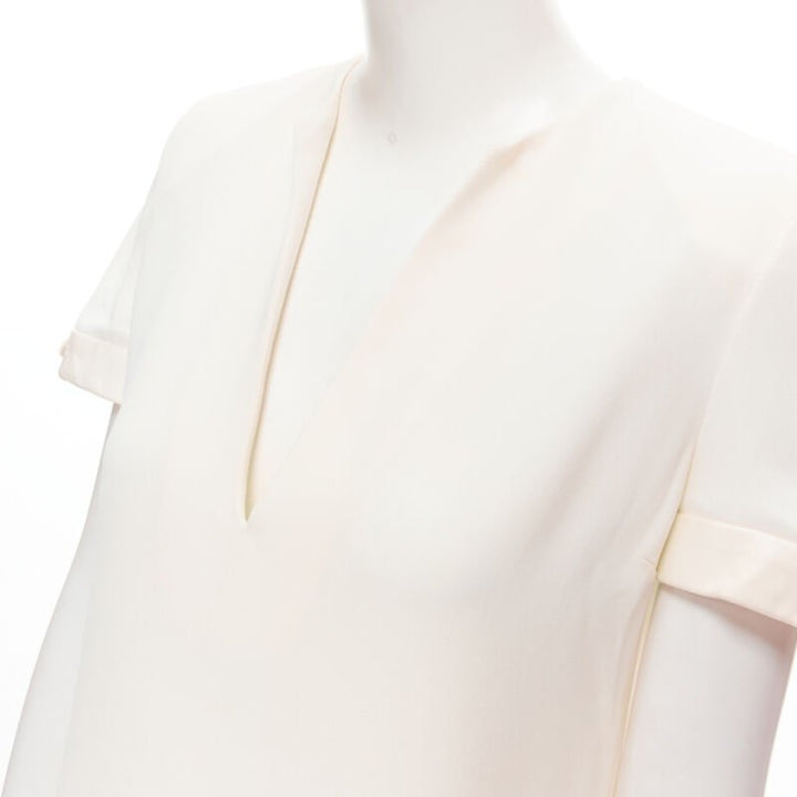 SAINT LAURENT 2013 Hedi Slimane ivory crepe leather trimmed V-neck dress FR36 S