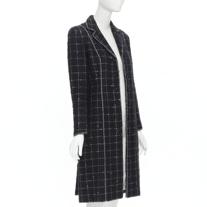 LUISA BECCARIA black silver check glitter tweed embellished long coat IT40 S
