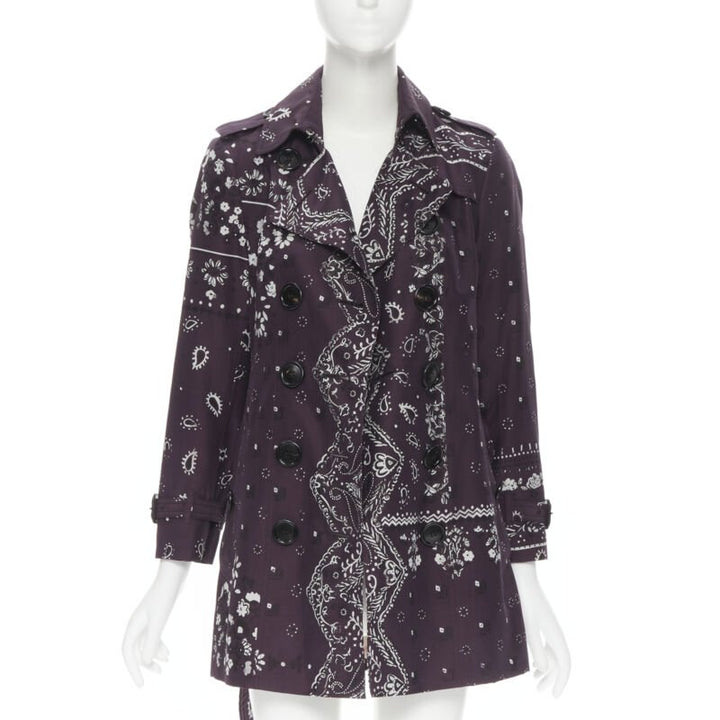 BURBERRY PRORSUM purple paisley bandana print double breasted trench coat UK6 XS