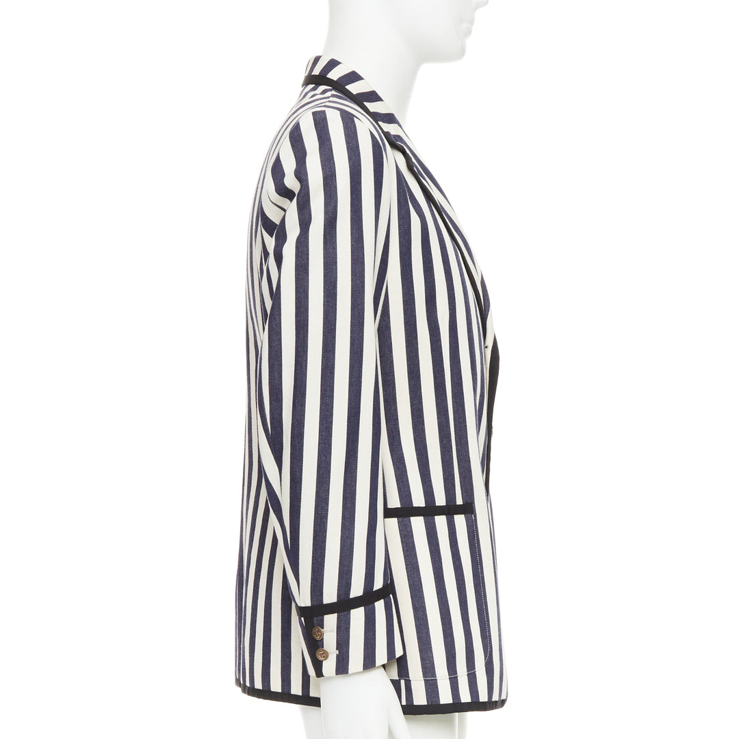 GUCCI navy cream cotton anchor buttons striped nautical blazer IT52 XL