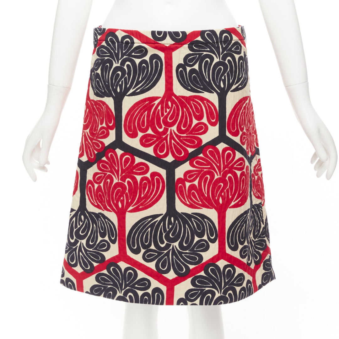 MARNI 2011 red navy cream ethnic print cotton Aline knee skirt IT38 XS