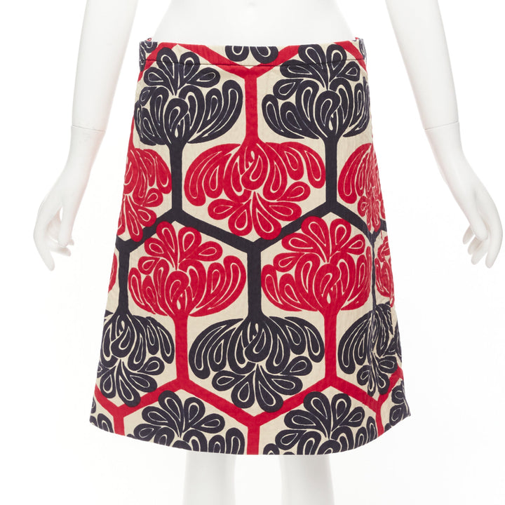 MARNI 2011 red navy cream ethnic print cotton Aline knee skirt IT38 XS