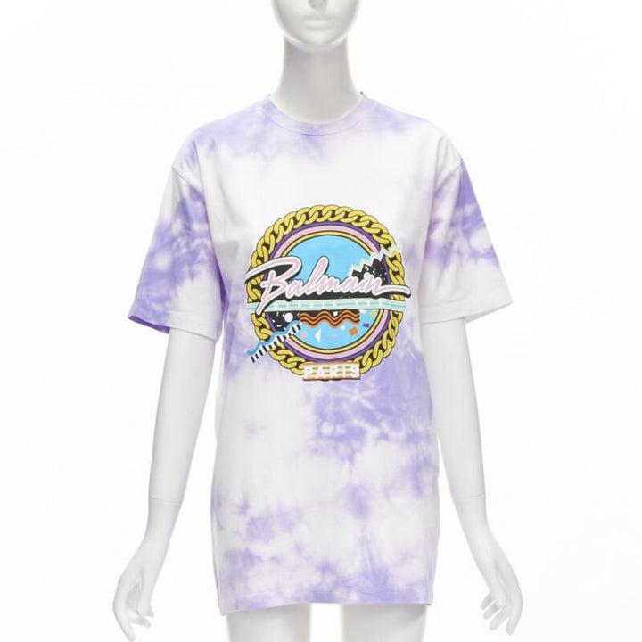 BALMAIN cotton purple tie dye Depuis 1945 logo 80's retro crew neck tshirt XXS