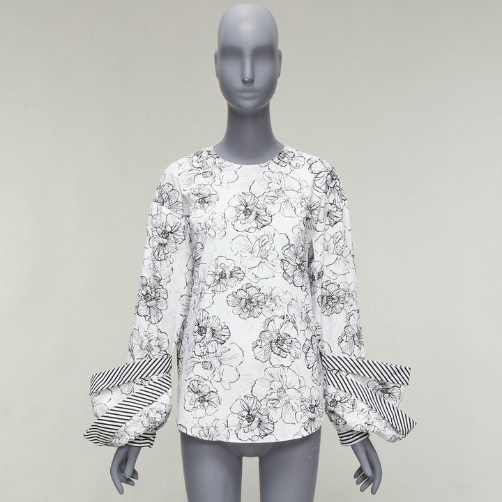 SILVIA TCHERASSI Jessica white floral print tiered cuff crew neck top S