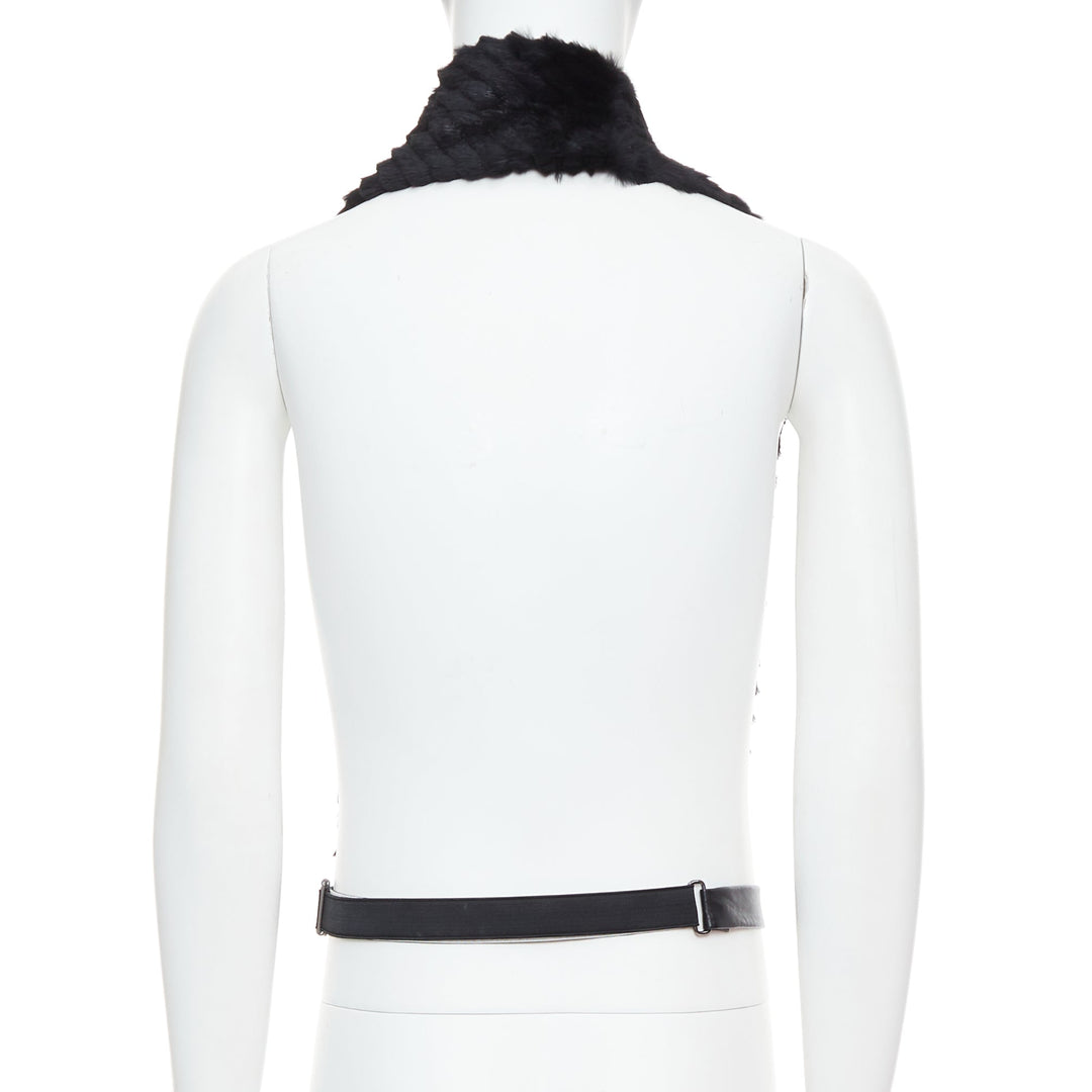 VERSACE black textured rabbit fur soft leather belt shawl scarf vest