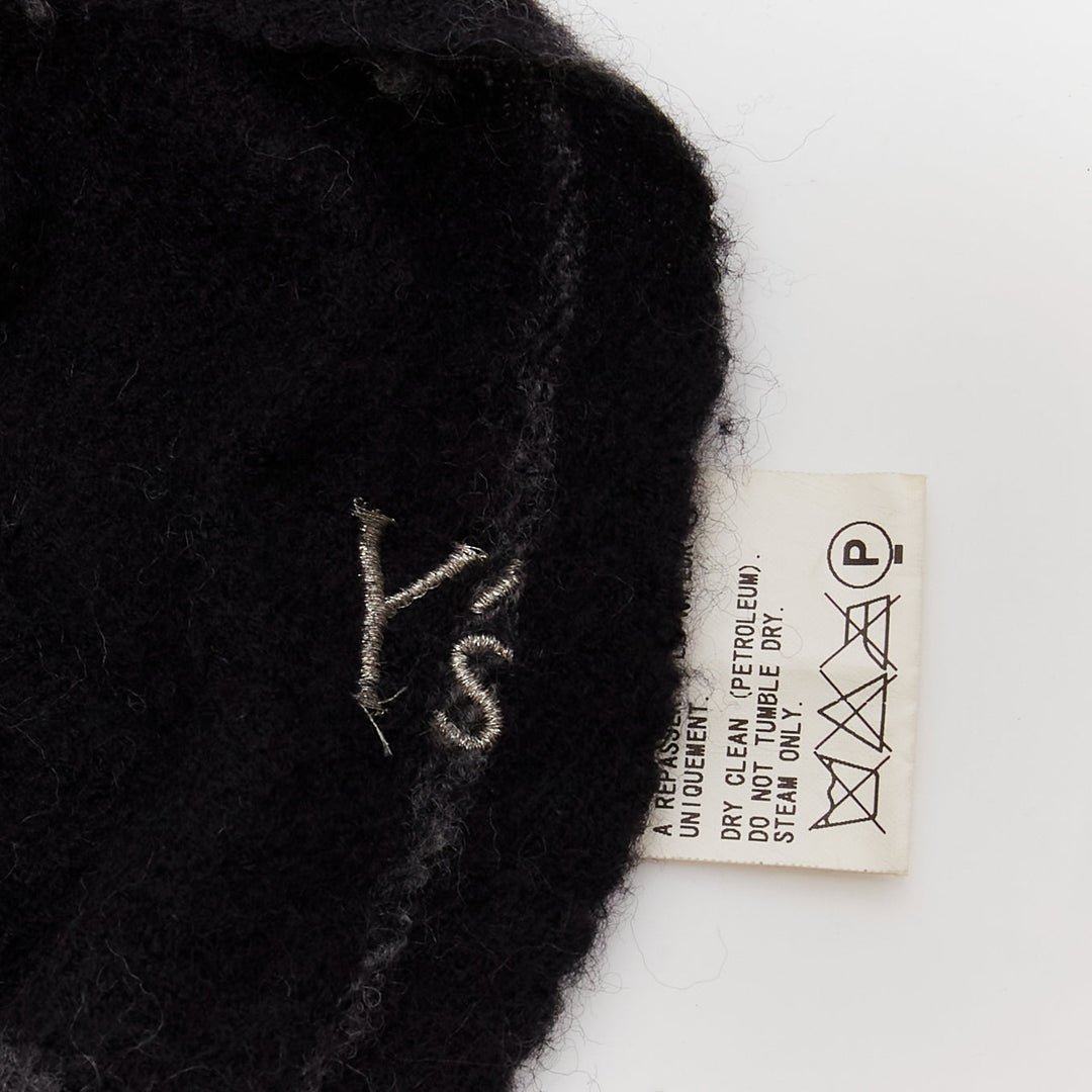 Y'S YOHJI YAMAMOTO grey 100% wool checkered black Y safety pin fringe scarf