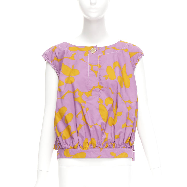 MARNI 100% cotton purple mustard abstract floral overstitched boxy vest IT38 XS