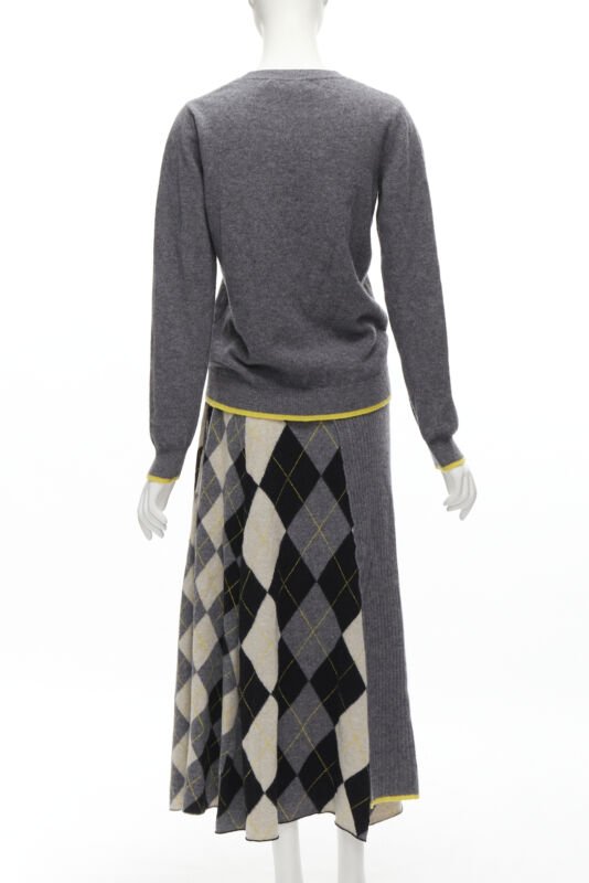 PRINGLE OF SCOTLAND wool grey argyle yellow sweater asymmetric midi skirt XS